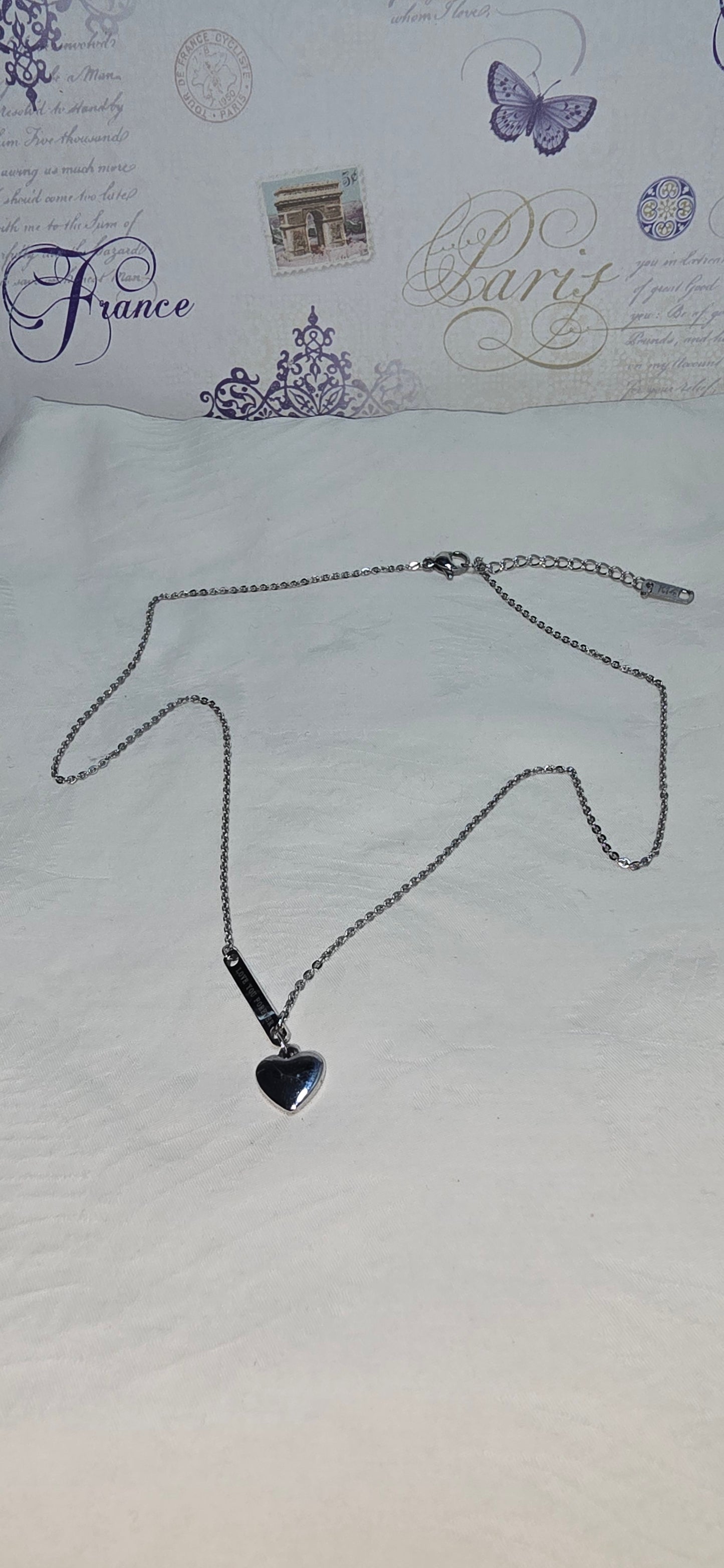 Silver-Tone Chain Necklace with Heart Pendant – K14 Marked Chain & Steel Charm