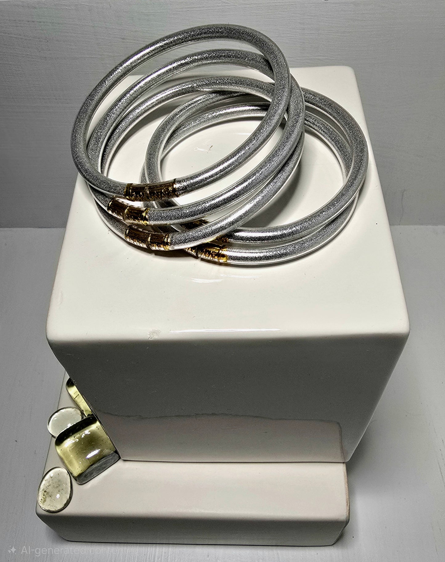 Set of 5 Plastic Silver Tone Bangle Bracelets with Gold Accents