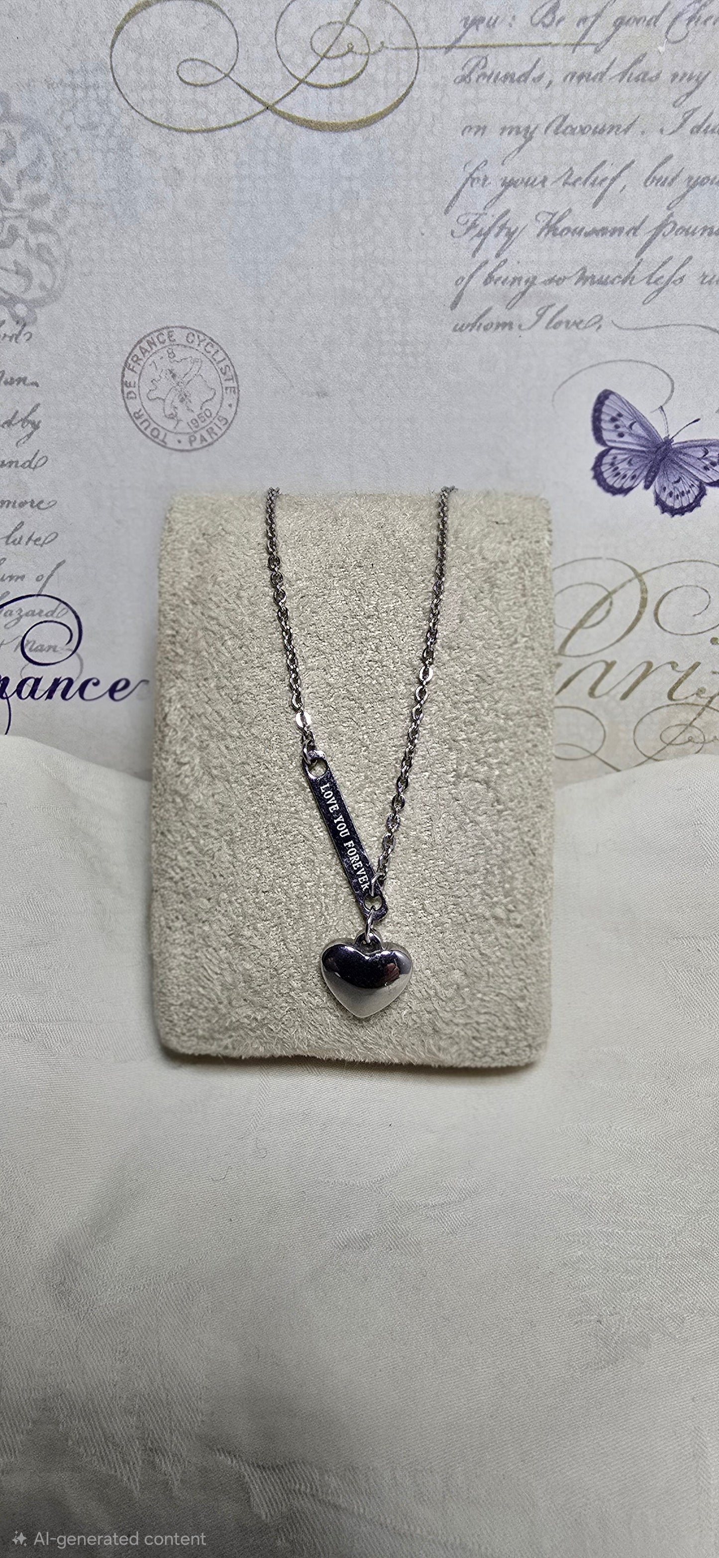 Silver-Tone Chain Necklace with Heart Pendant – K14 Marked Chain & Steel Charm