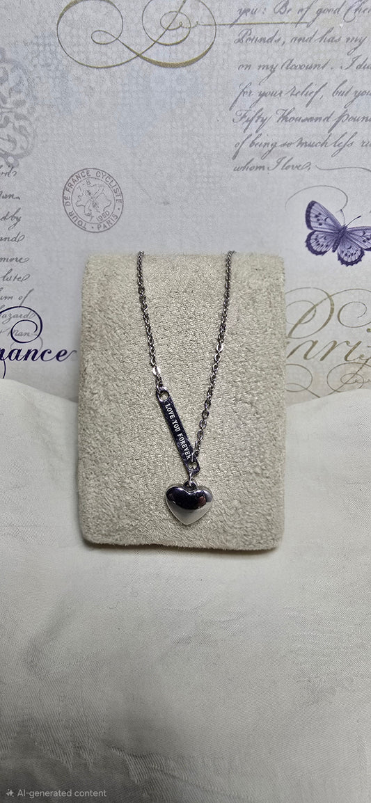 Silver-Tone Chain Necklace with Heart Pendant – K14 Marked Chain & Steel Charm