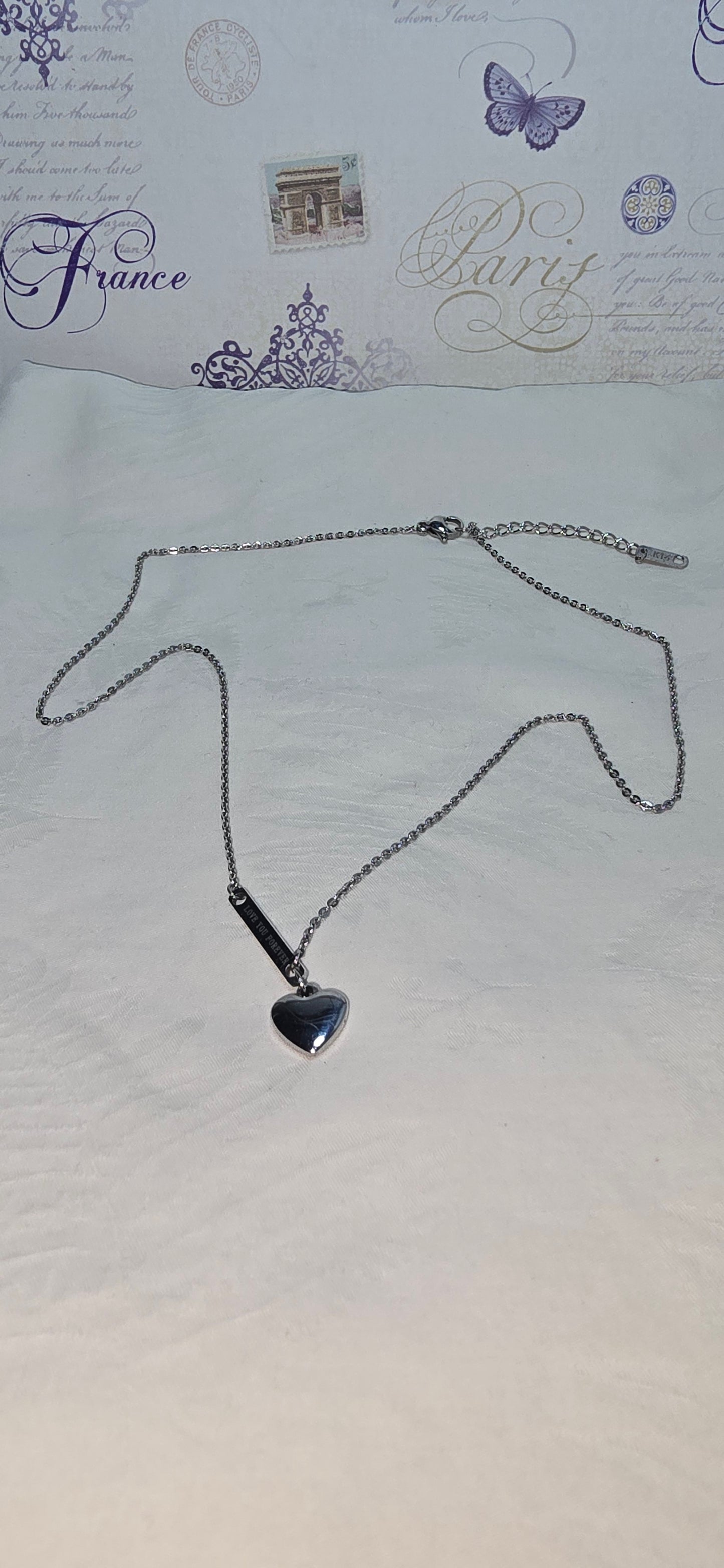 Silver-Tone Chain Necklace with Heart Pendant – K14 Marked Chain & Steel Charm