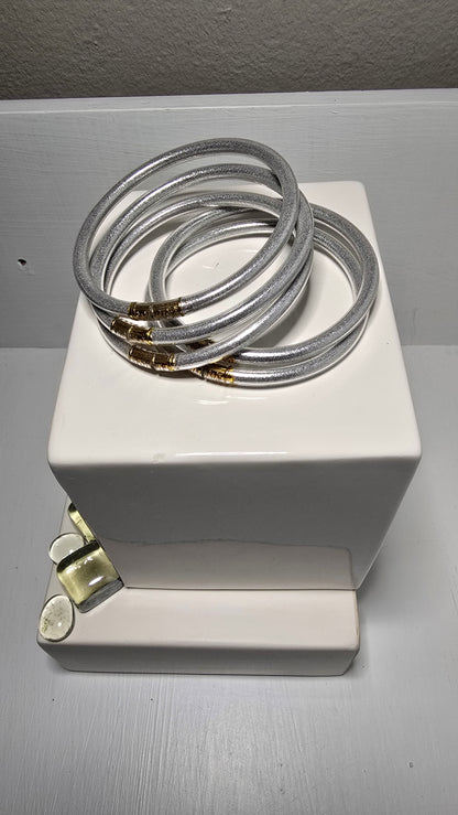 Set of 5 Plastic Silver Tone Bangle Bracelets with Gold Accents