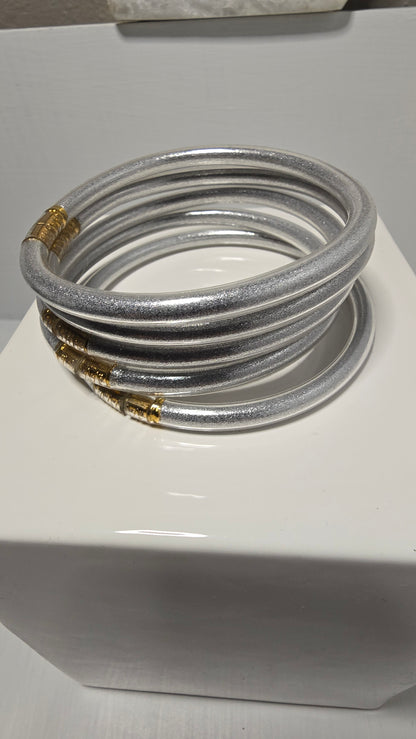 Set of 5 Plastic Silver Tone Bangle Bracelets with Gold Accents
